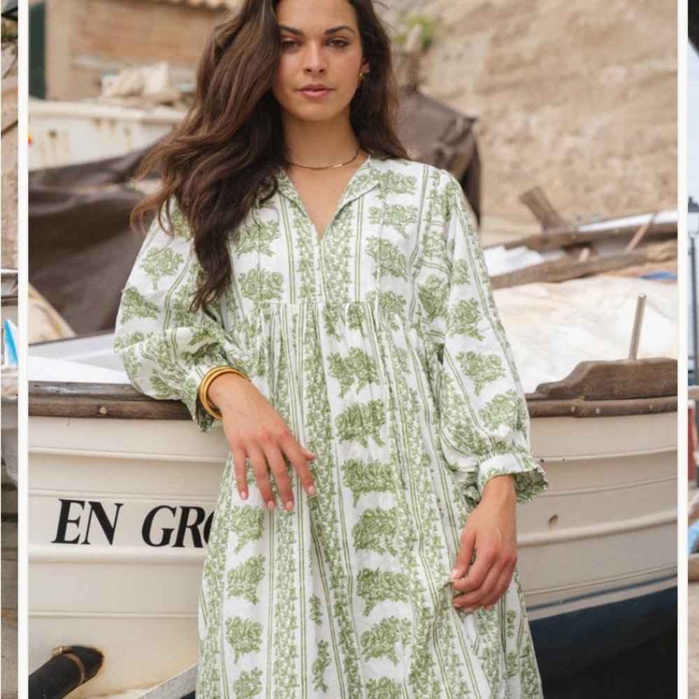 House of Sundar Block Print Green and White Floral Dress